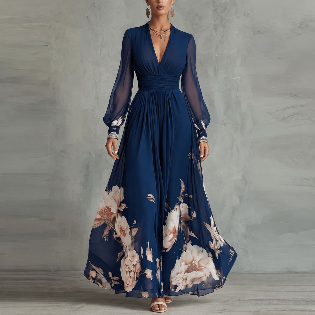 Claudine | Robe longue florale décolleté en V et manches longues