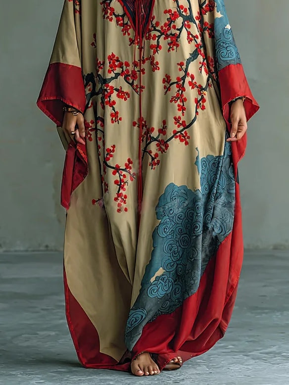 Fleur | Robe longue japonaise à fleurs de prunier et manches chauve-souris