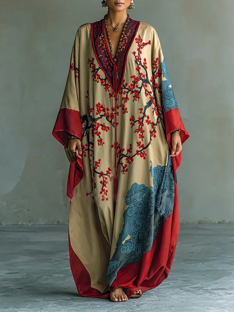 Fleur | Robe longue japonaise à fleurs de prunier et manches chauve-souris