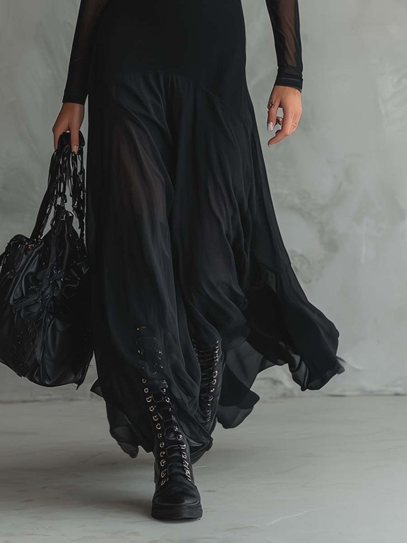 Apolline | Robe fluide élégante à manches longues transparentes