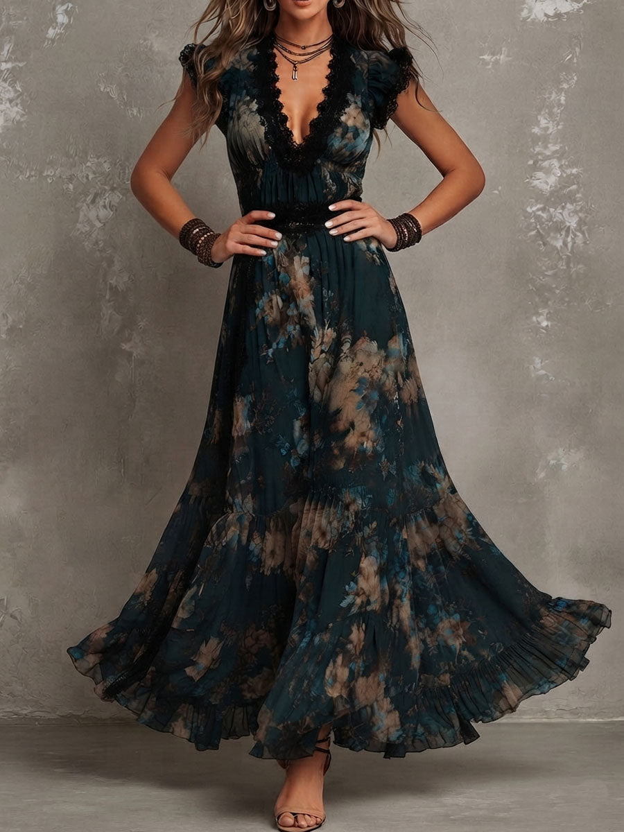 Lucie | Robe longue vintage à dentelle florale
