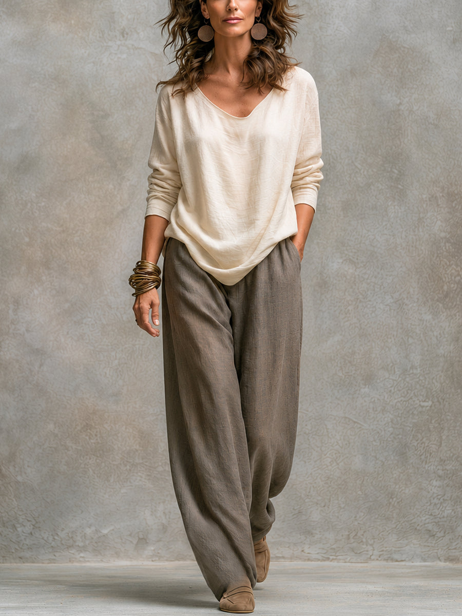 Constance | Ensemble trois pièces élégant beige et gris avec pantalon palazzo