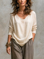 Constance | Ensemble trois pièces élégant beige et gris avec pantalon palazzo.