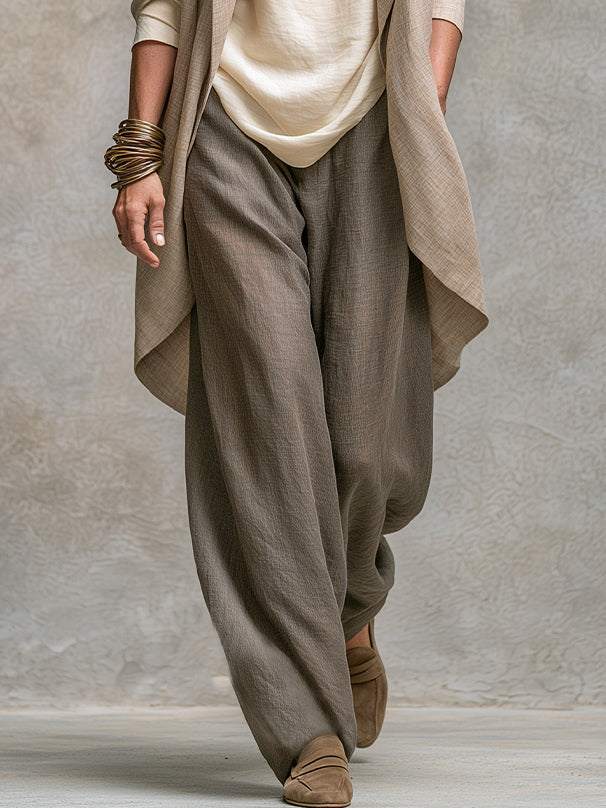 Constance | Ensemble trois pièces élégant beige et gris avec pantalon palazzo.