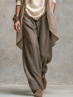 Constance | Ensemble trois pièces élégant beige et gris avec pantalon palazzo.