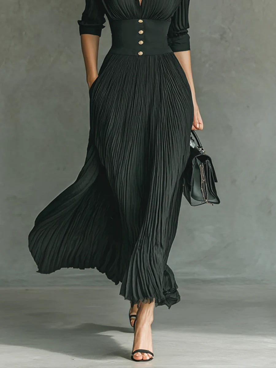 Elvire | Robe longue plissée à col revers et taille haute