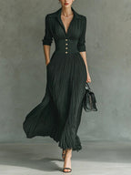 Elvire | Robe longue plissée à col revers et taille haute