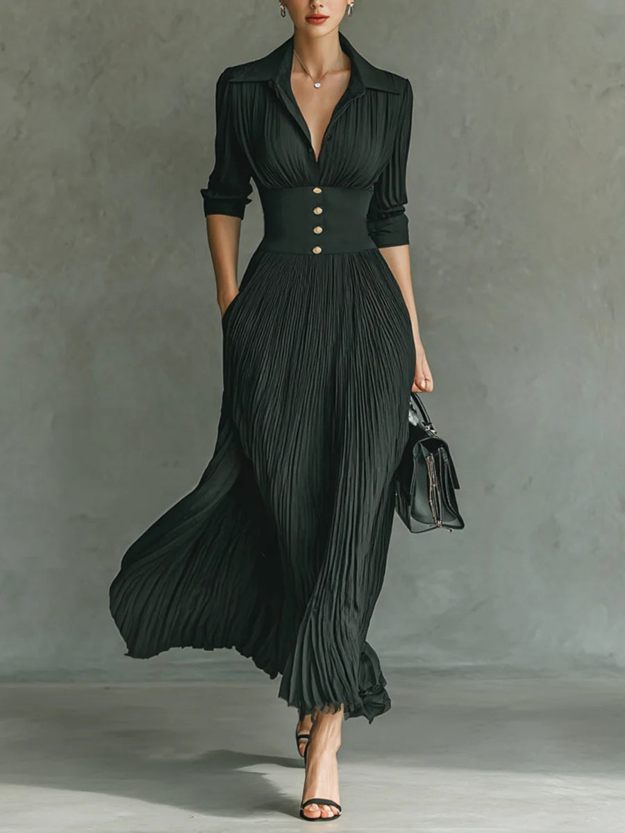 Elvire | Robe longue plissée à col revers et taille haute