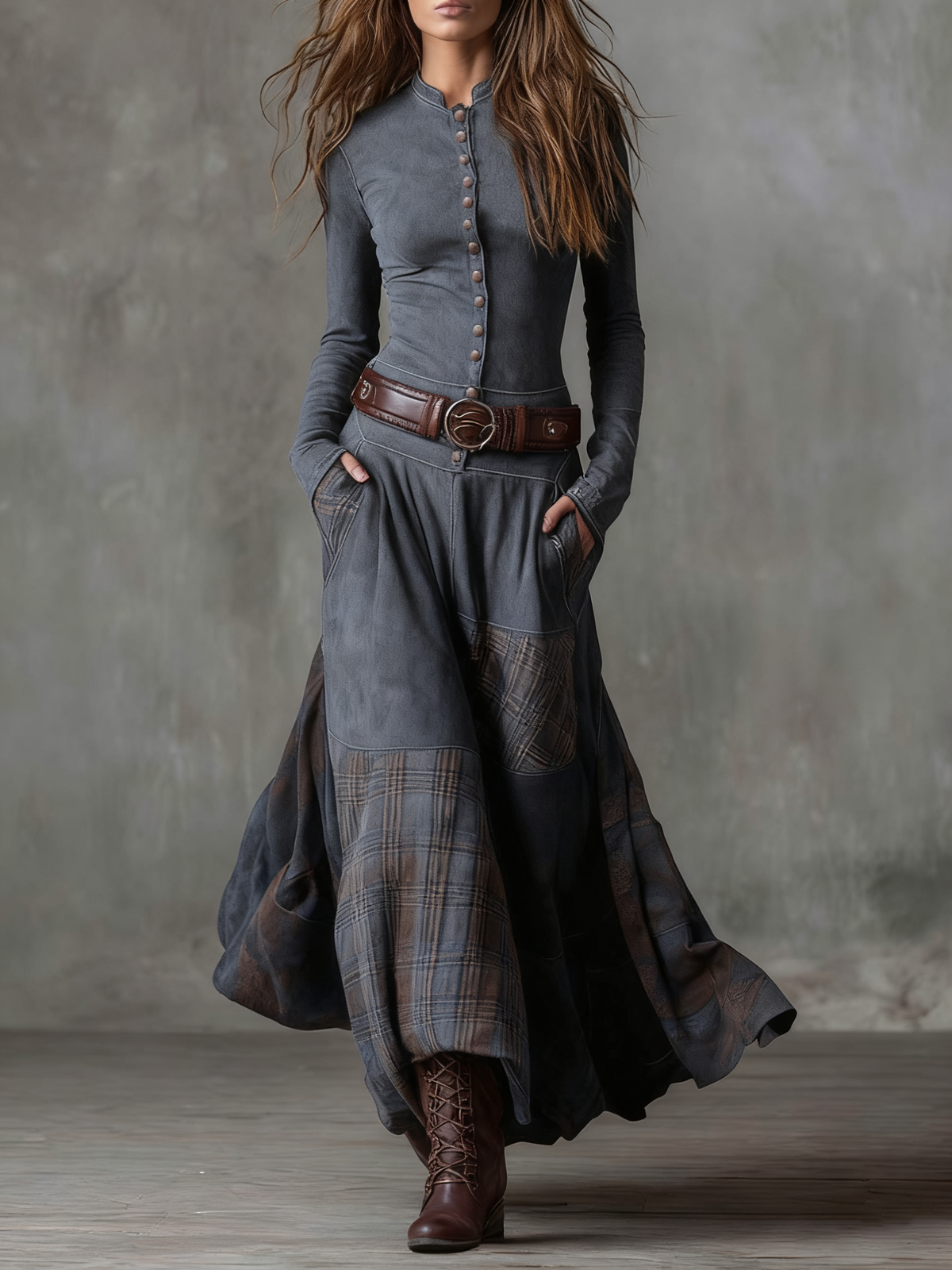 Élisa | Robe longue effet daim avec ceinture