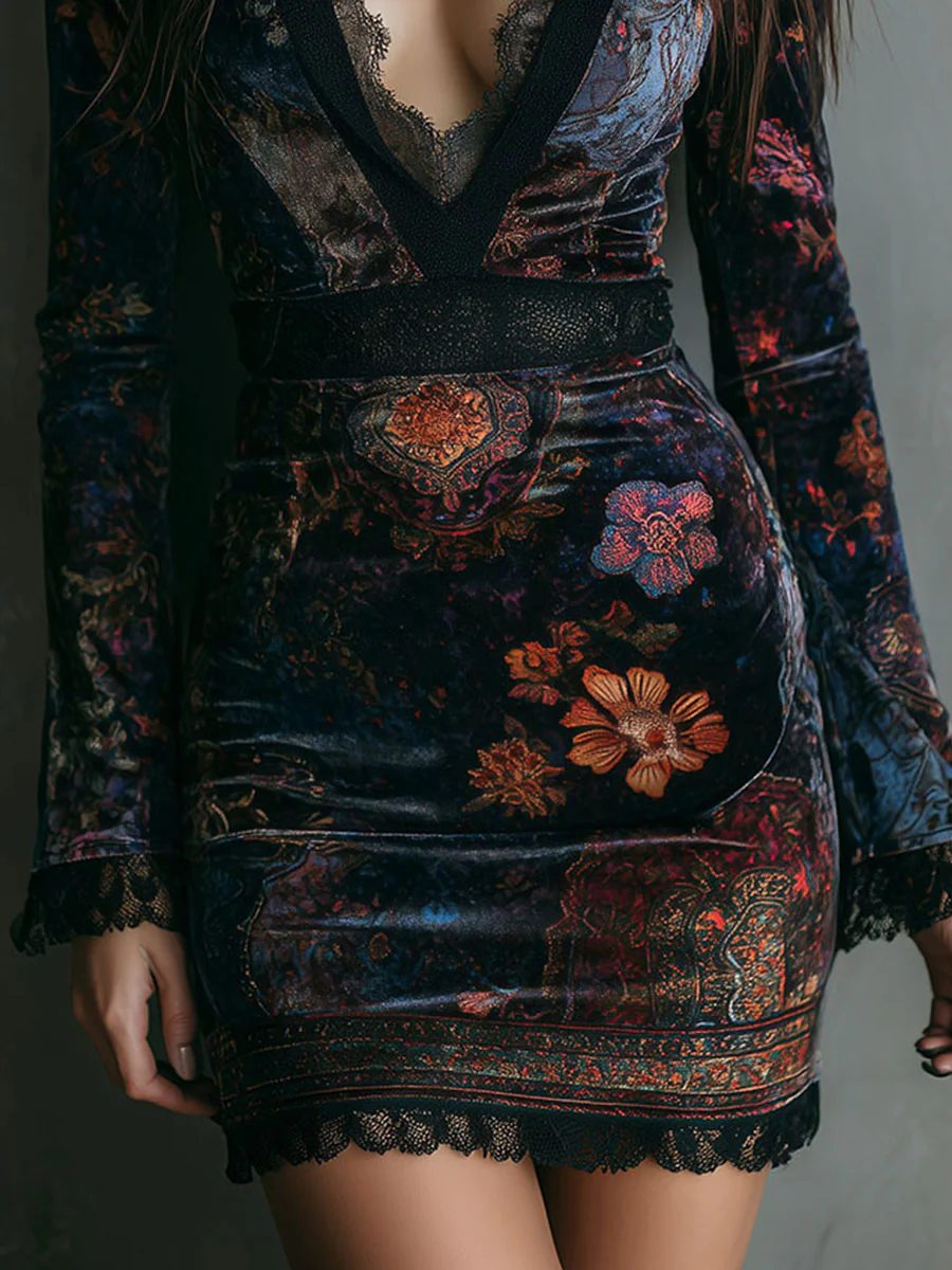 Capucine | Mini-robe ajustée en velours à imprimé fleuri et col en V bordé de dentelle