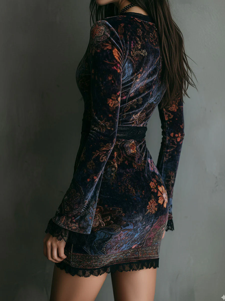Capucine | Mini-robe ajustée en velours à imprimé fleuri et col en V bordé de dentelle