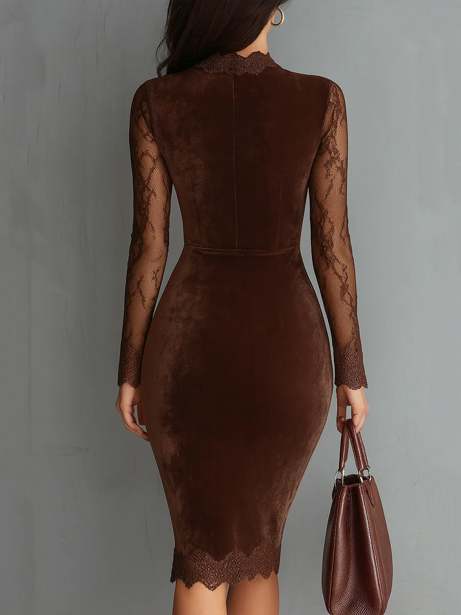 Garance | Mini-robe vintage marron en velours à encolure goutte d’eau et manches en dentelle