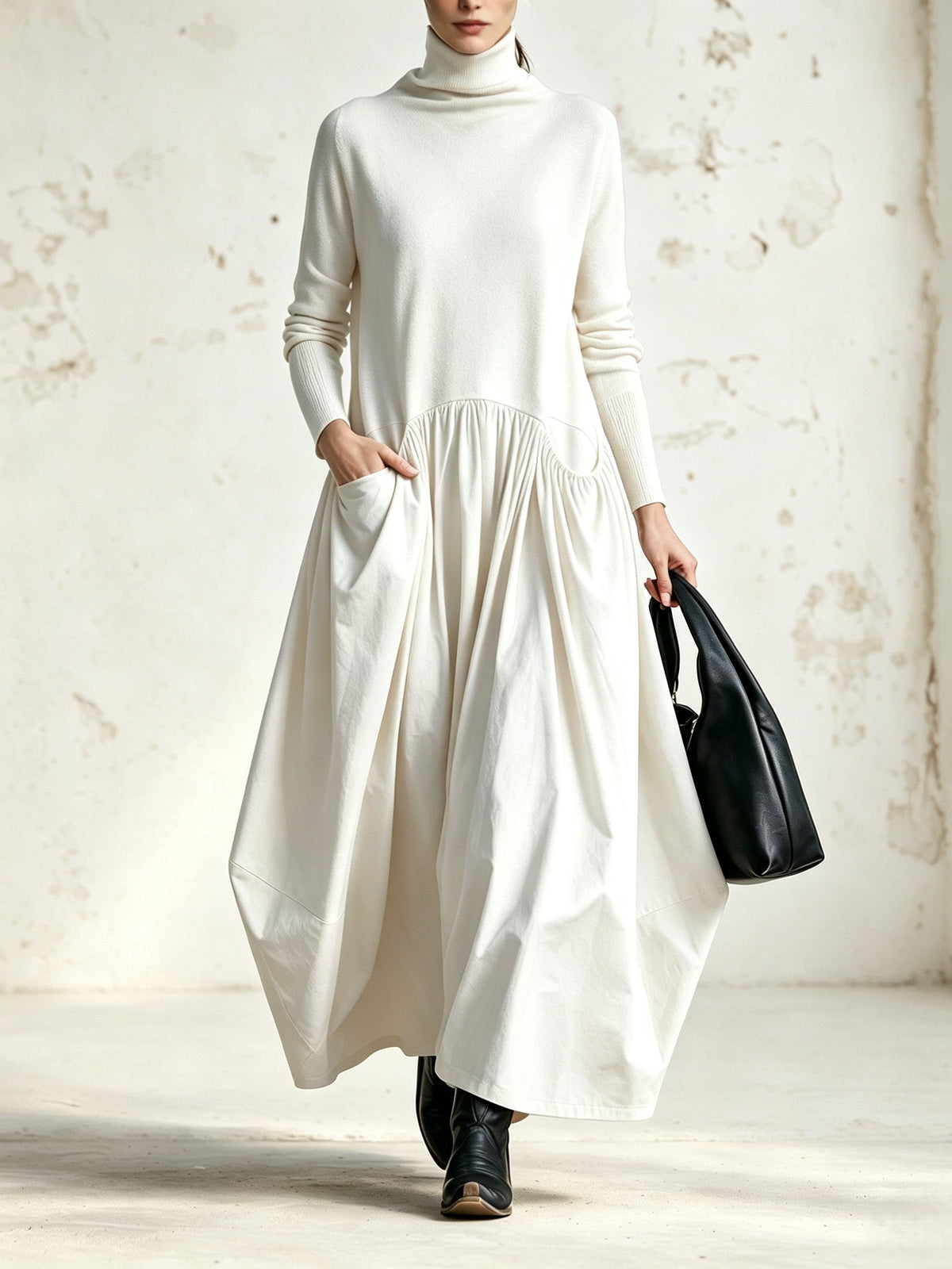 Odette | Robe longue oversize noire à col montant