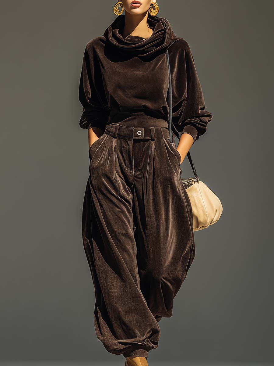 Gabrielle | Ensemble vintage marron en velours : sweat à capuche et pantalon ample (ceinture incluse)