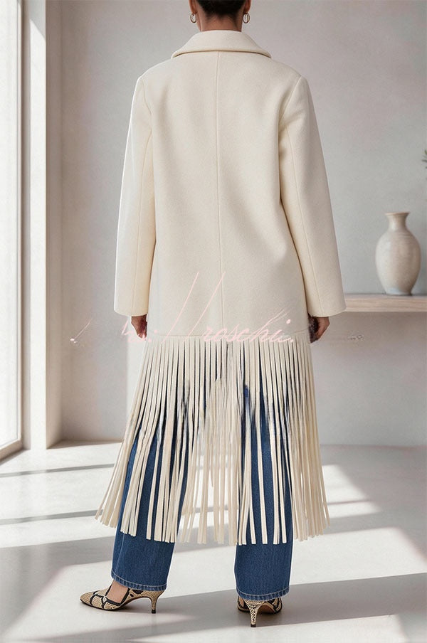 Roxane | Manteau mi-long en laine mélangée à revers, poches et franges