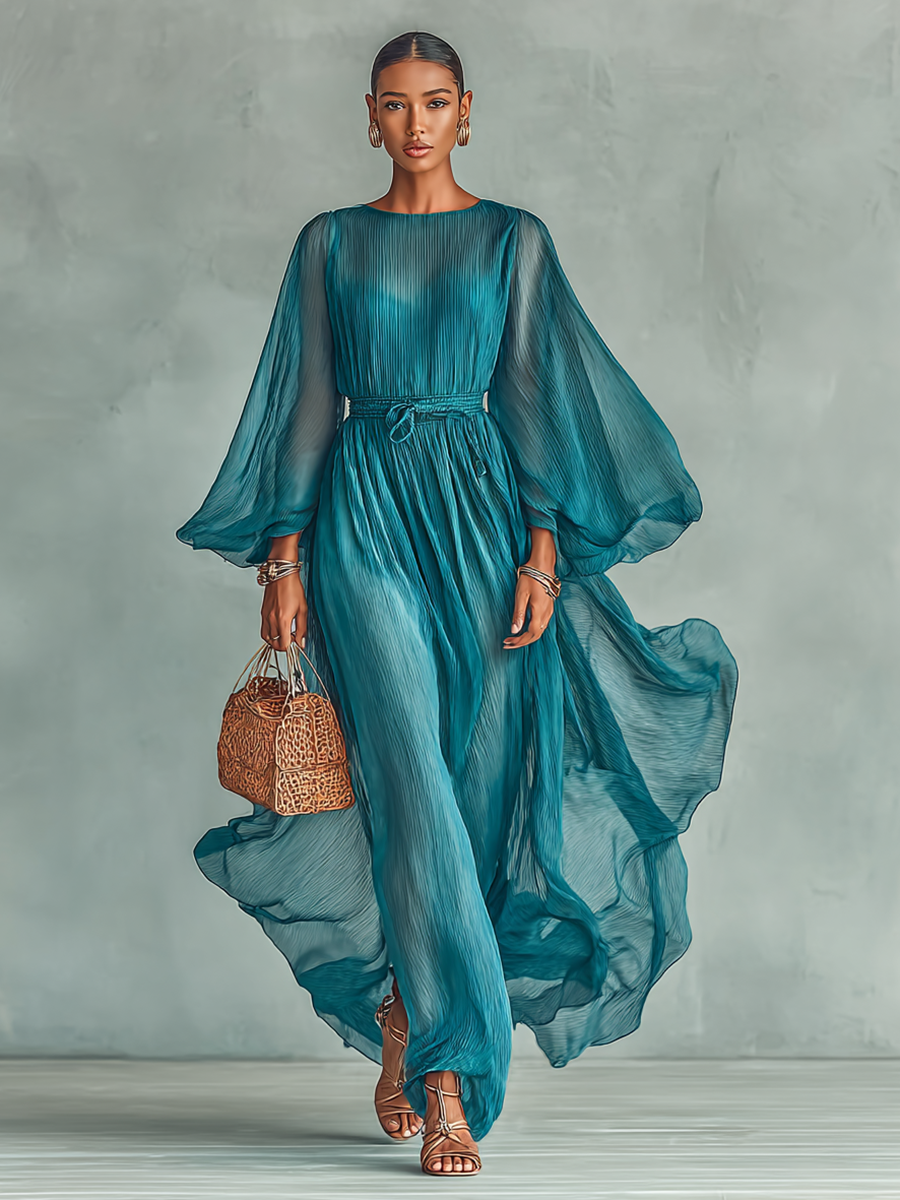 Isaure | Robe mi-longue plissée à manches transparentes et ceinture pour femme