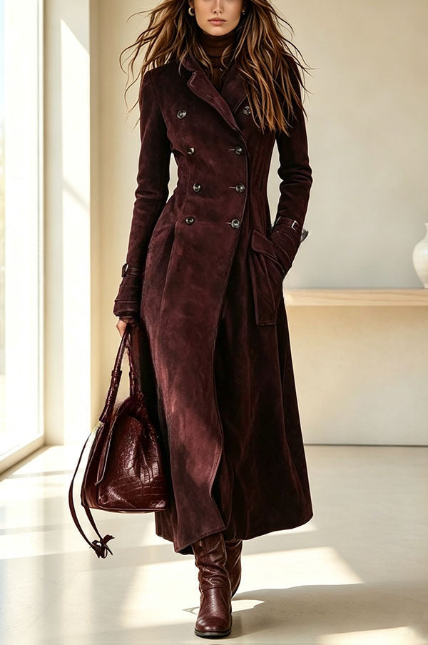 Ophélie | Long trench en suédine à revers, boutons et poches