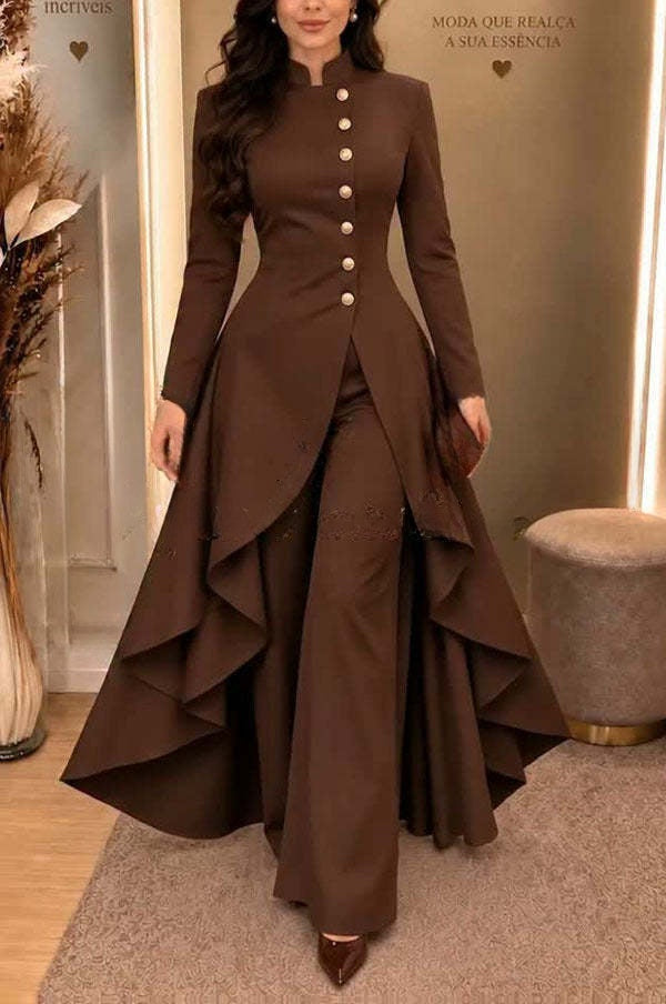 Juliette | Ensemble haut à col montant boutonné à ourlet asymétrique et pantalon large