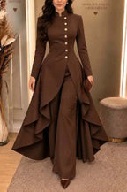 Juliette | Ensemble haut à col montant boutonné à ourlet asymétrique et pantalon large