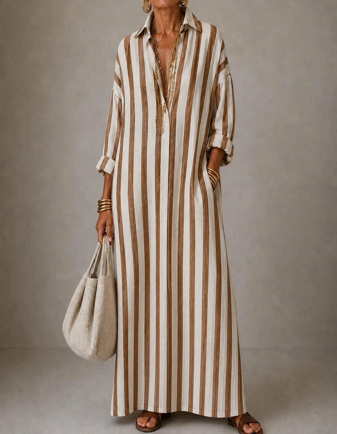 Mar | Vestido Maxi de Rayas con Cuello Camisero