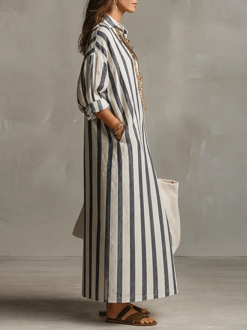 Mar | Vestido Maxi de Rayas con Cuello Camisero
