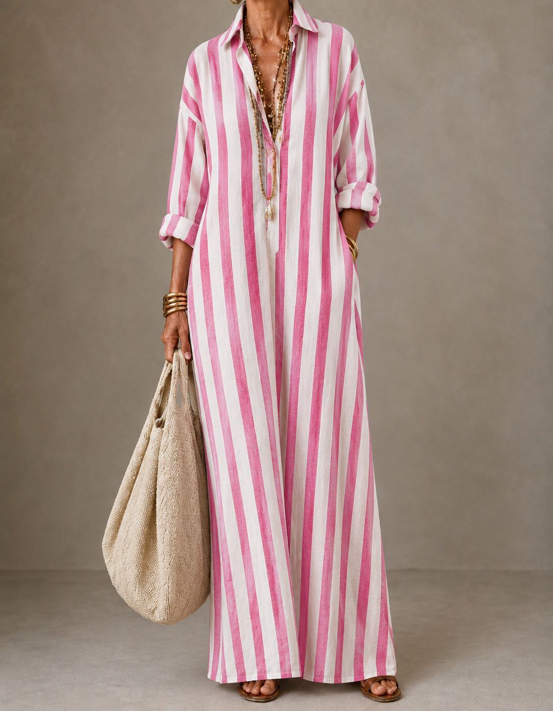 Mar | Vestido Maxi de Rayas con Cuello Camisero