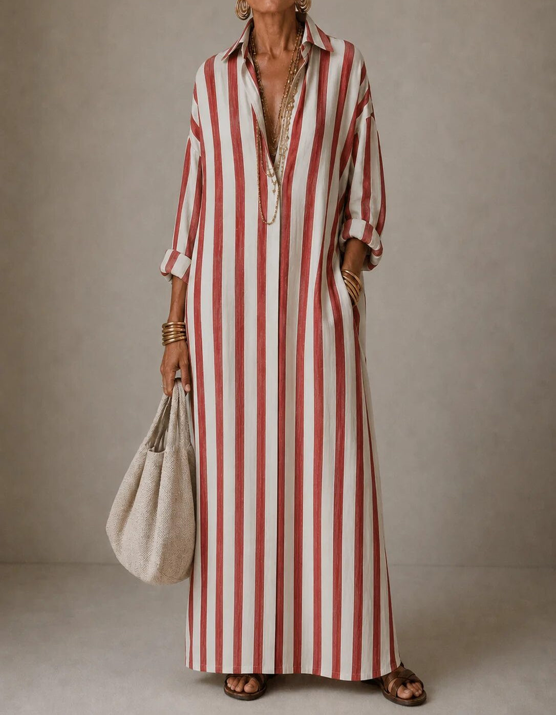 Mar | Vestido Maxi de Rayas con Cuello Camisero