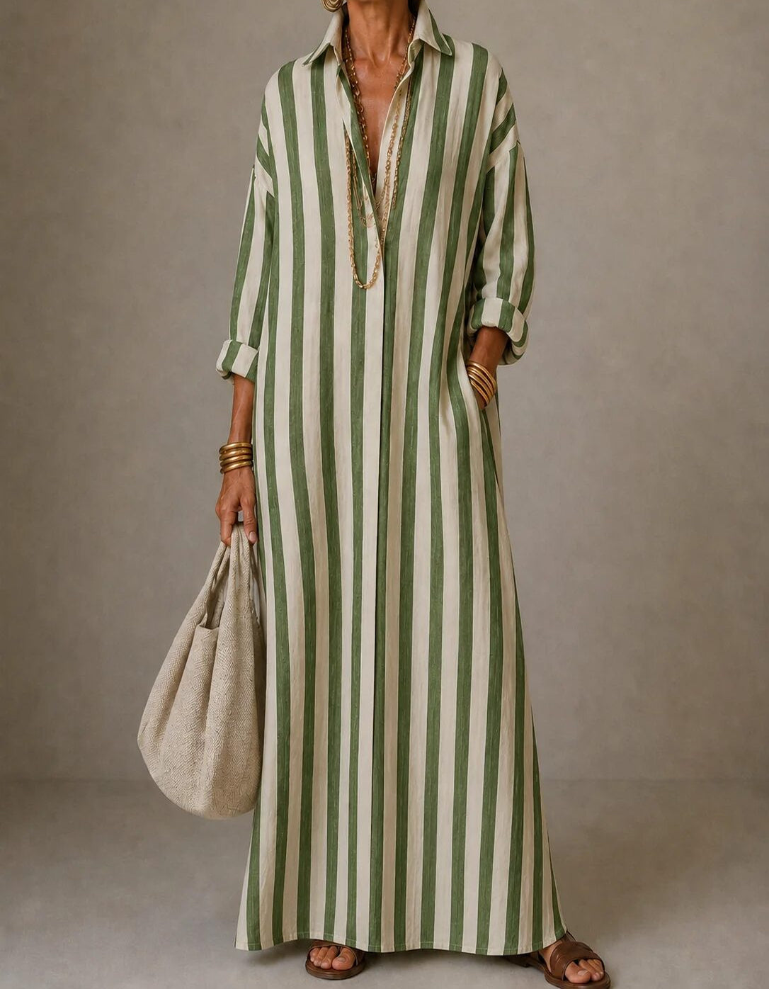Mar | Vestido Maxi de Rayas con Cuello Camisero