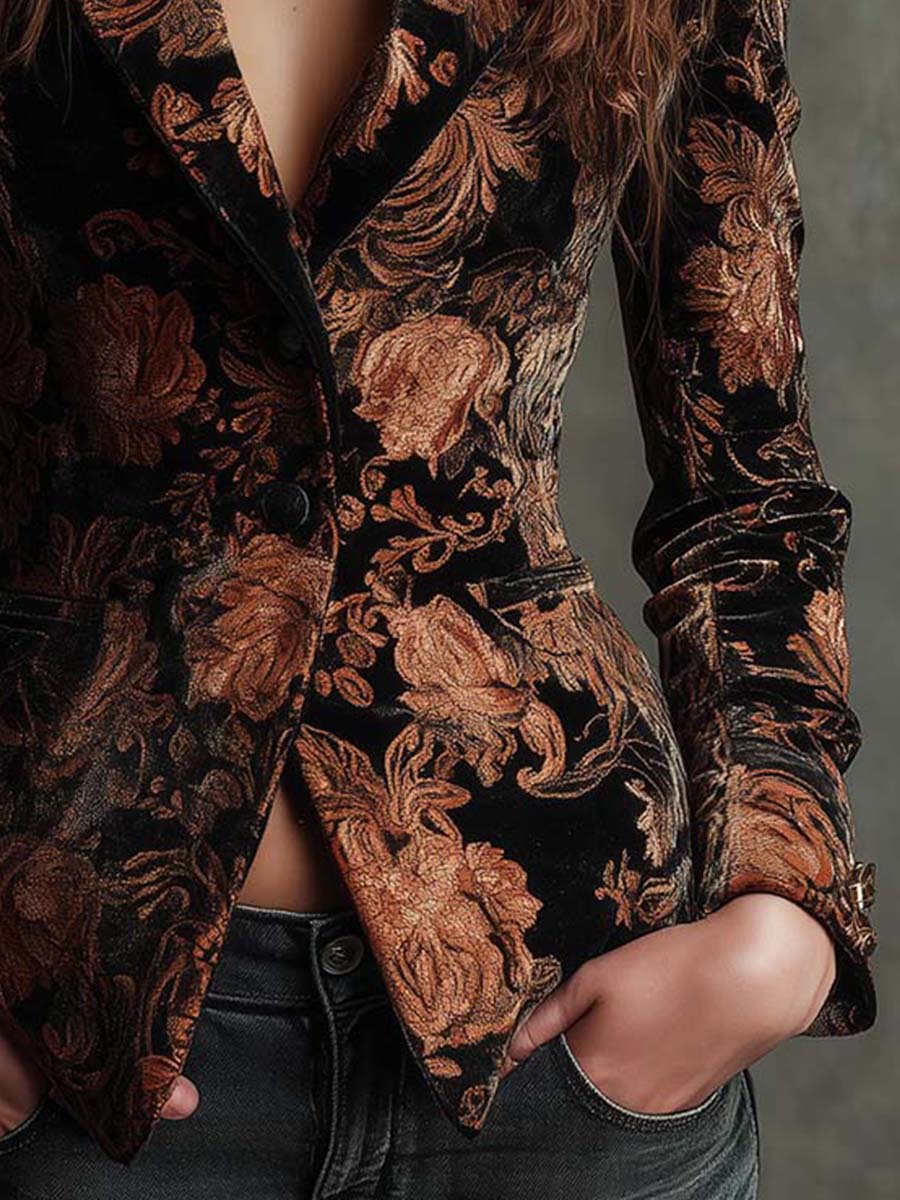 Jade | Blazer Tailleur Imprimé Fleuri Noir et Bronze