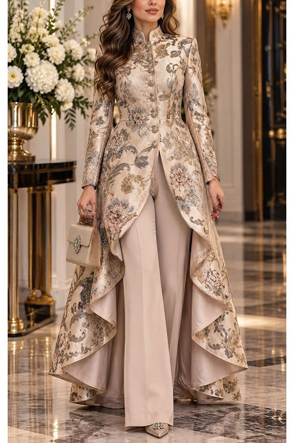 Léonie | Ensemble fleuri haut à col montant boutonné à ourlet asymétrique et pantalon large