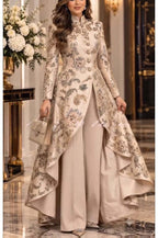 Léonie | Ensemble fleuri haut à col montant boutonné à ourlet asymétrique et pantalon large