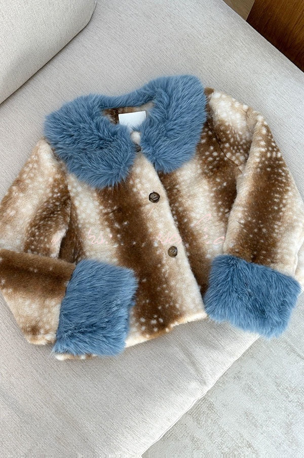 Delphine | Manteau ample en fausse fourrure à taches, col duveteux et blocs de couleur