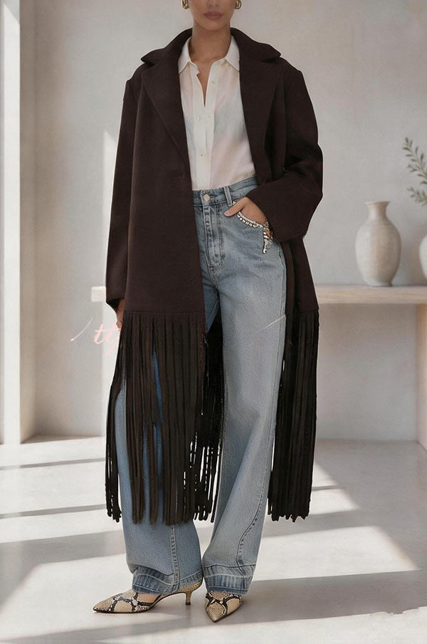 Roxane | Manteau mi-long en laine mélangée à revers, poches et franges