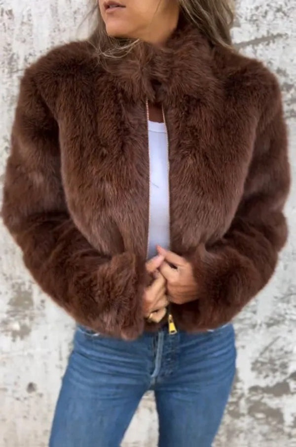 Anaïs | Veste décontractée en fausse fourrure à col roulé zippé