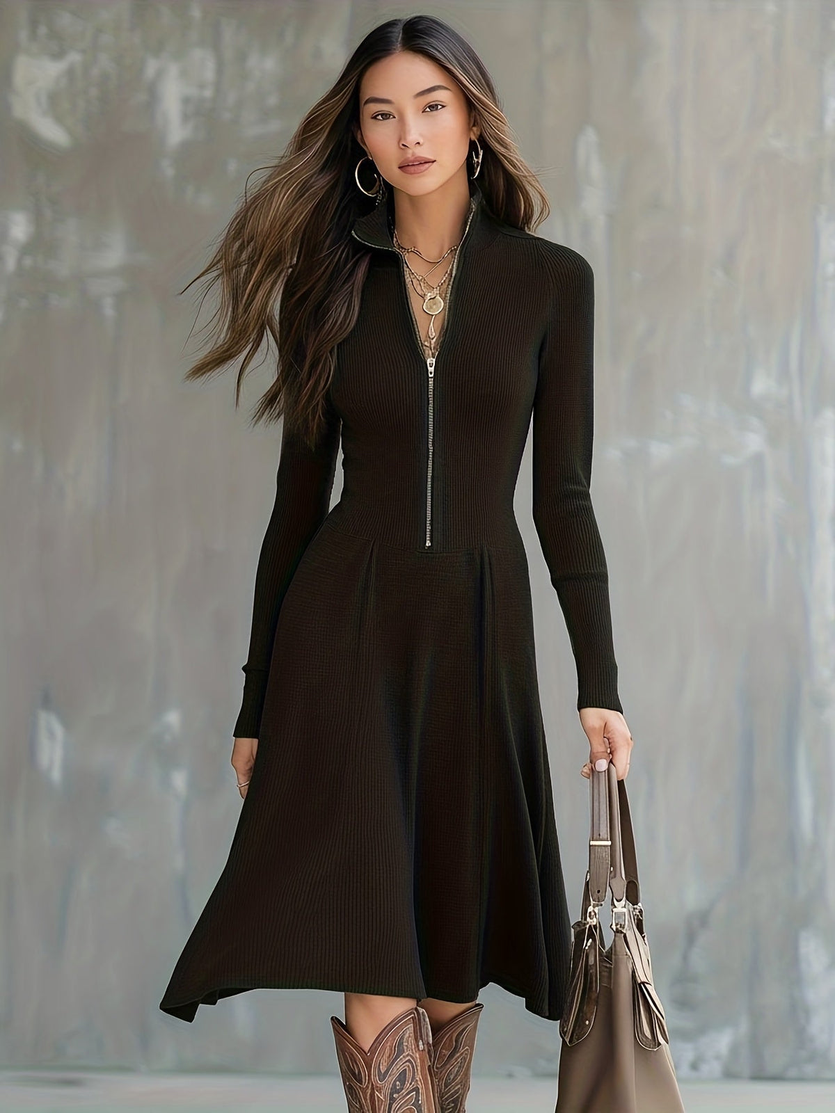 Valdine | Robe mi-longue ajustée à manches longues et fermeture éclair sur le devant pour femme