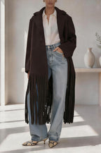 Roxane | Manteau mi-long en laine mélangée à revers, poches et franges