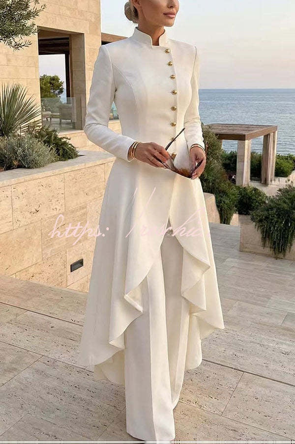 Juliette | Ensemble haut à col montant boutonné à ourlet asymétrique et pantalon large