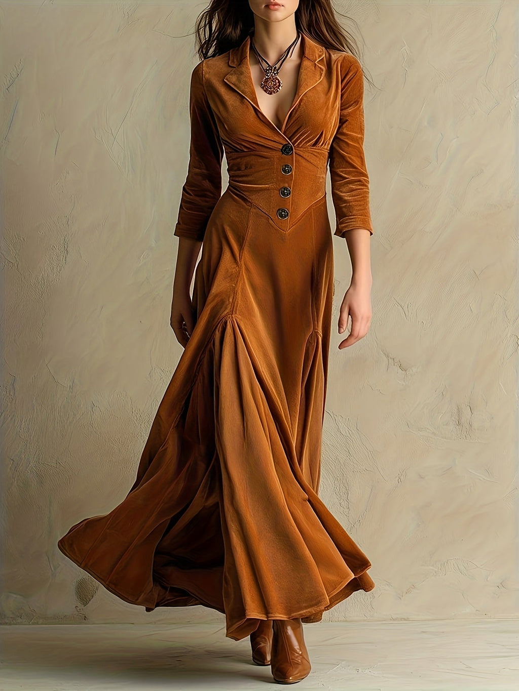 Hermance | Robe mi-longue à col chemise et décolleté en V, boutonnée devant, manches 7/8 pour femme