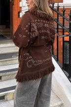 Eugénie | Long gilet ceinturé en maille à imprimé bandana et col châle à franges