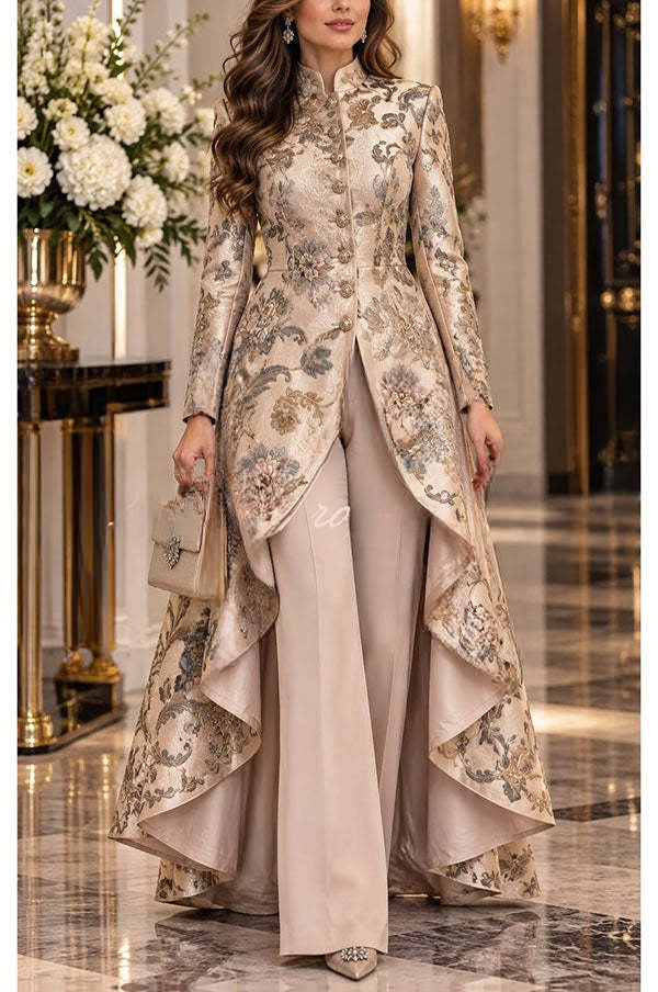Léonie | Ensemble fleuri haut à col montant boutonné à ourlet asymétrique et pantalon large