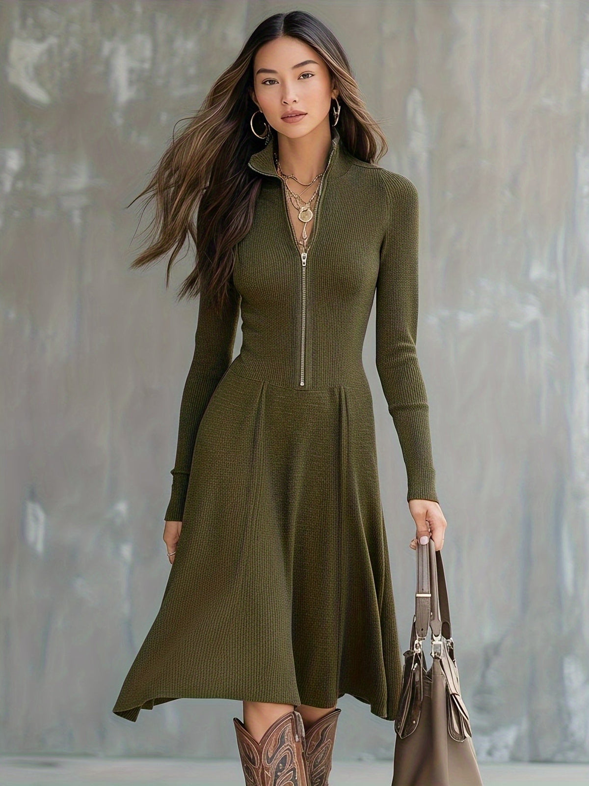 Valdine | Robe mi-longue ajustée à manches longues et fermeture éclair sur le devant pour femme