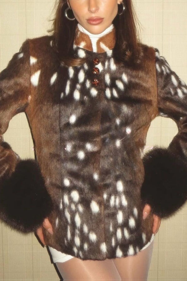 Faustine | Veste rétro en fausse fourrure imprimé animal, col montant et poignets duveteux