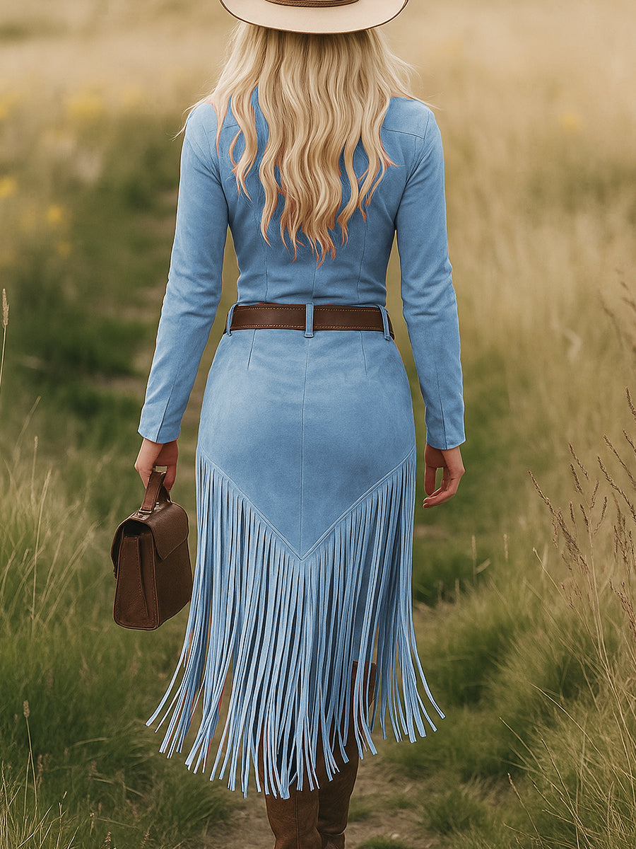 Camille | Robe mi-longue western rétro à revers, zippée, manches longues et franges
