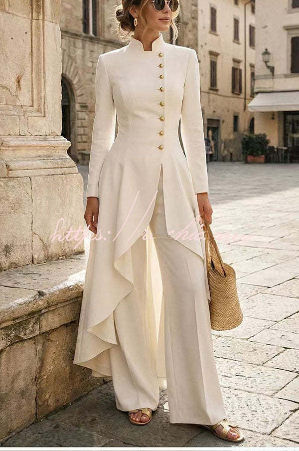 Juliette | Ensemble haut à col montant boutonné à ourlet asymétrique et pantalon large