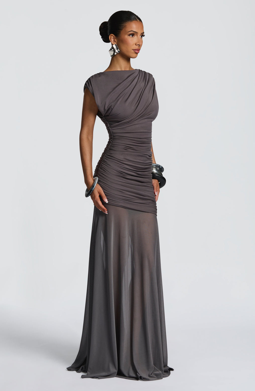 Louise | Robe longue froncée à encolure bateau