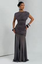 Louise | Robe longue froncée à encolure bateau