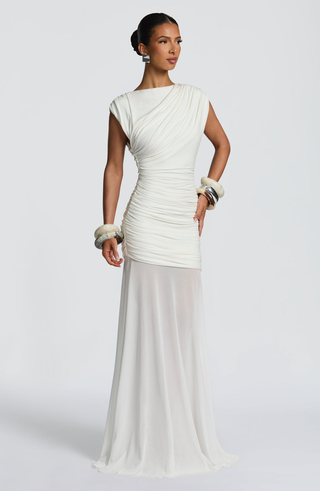 Louise | Robe longue froncée à encolure bateau