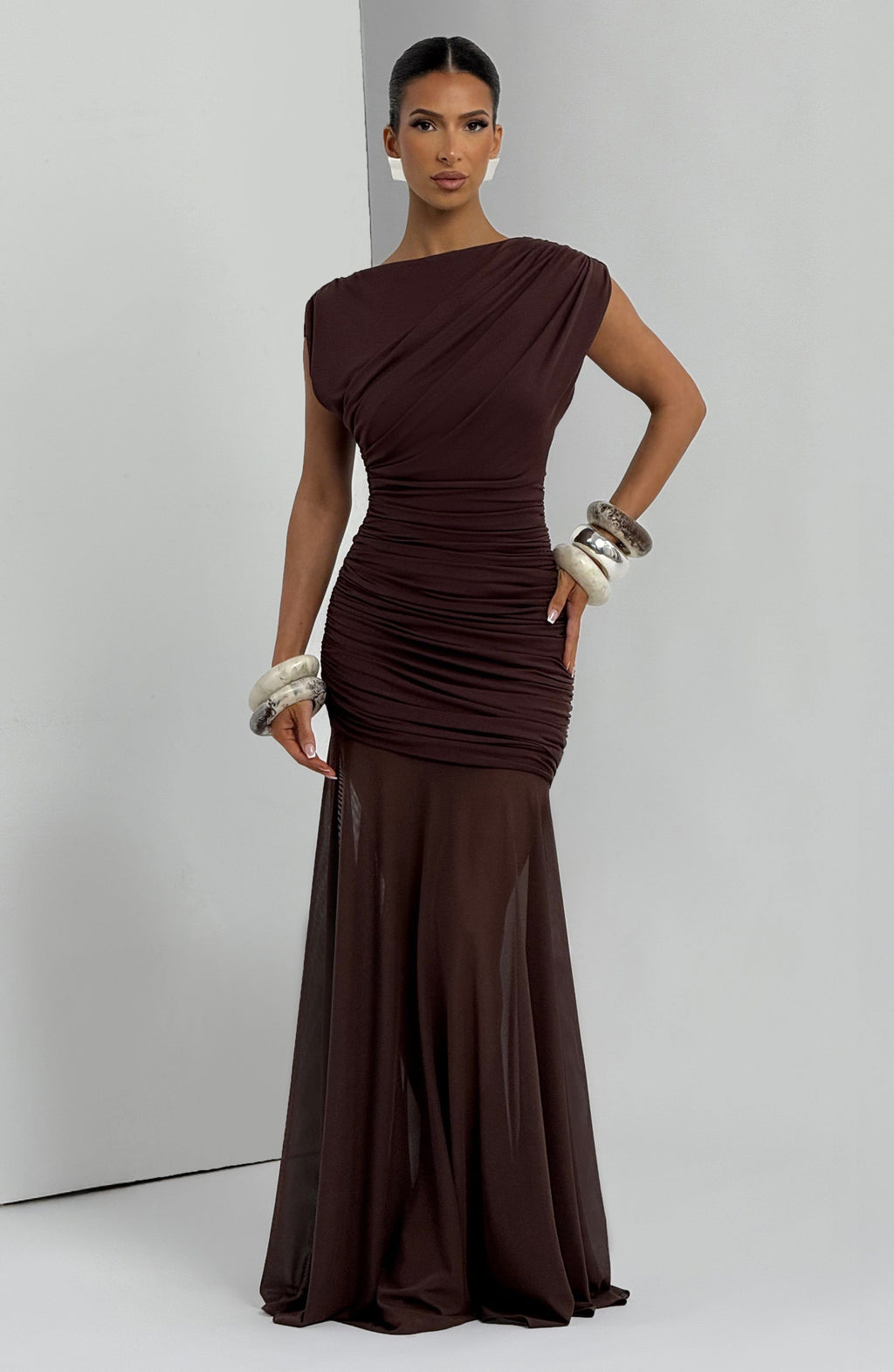 Louise | Robe longue froncée à encolure bateau