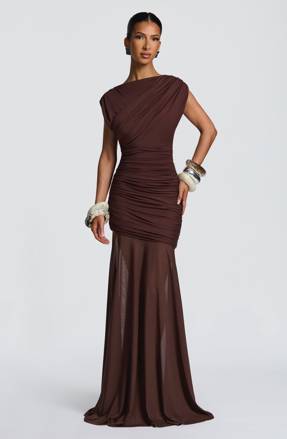 Louise | Robe longue froncée à encolure bateau