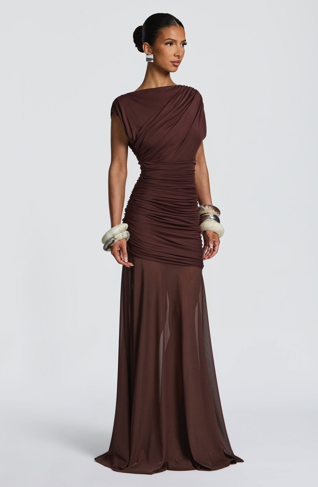 Louise | Robe longue froncée à encolure bateau